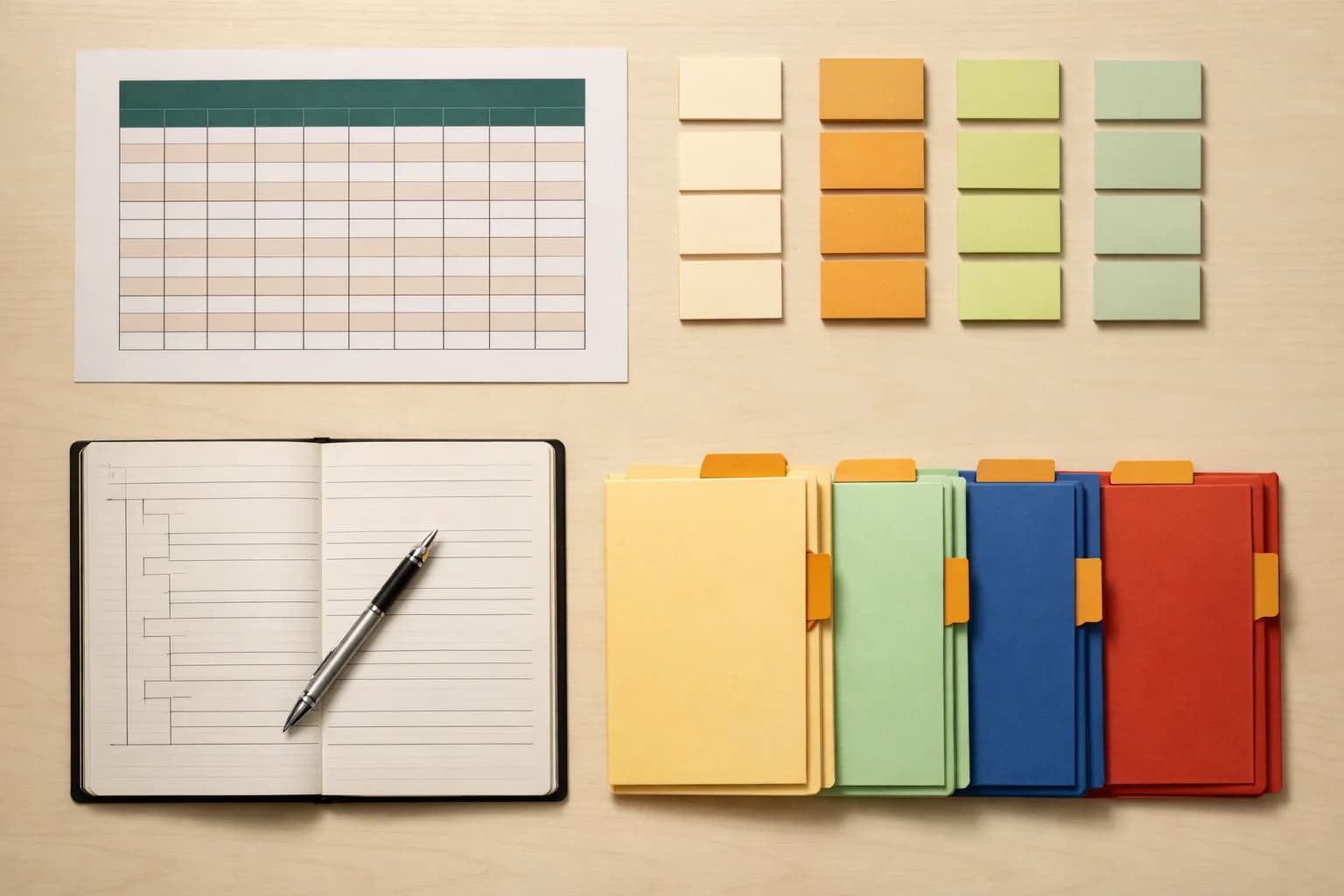 Academic planning workspace with syllabus sheets, notes, and a laptop on a tidy desk.