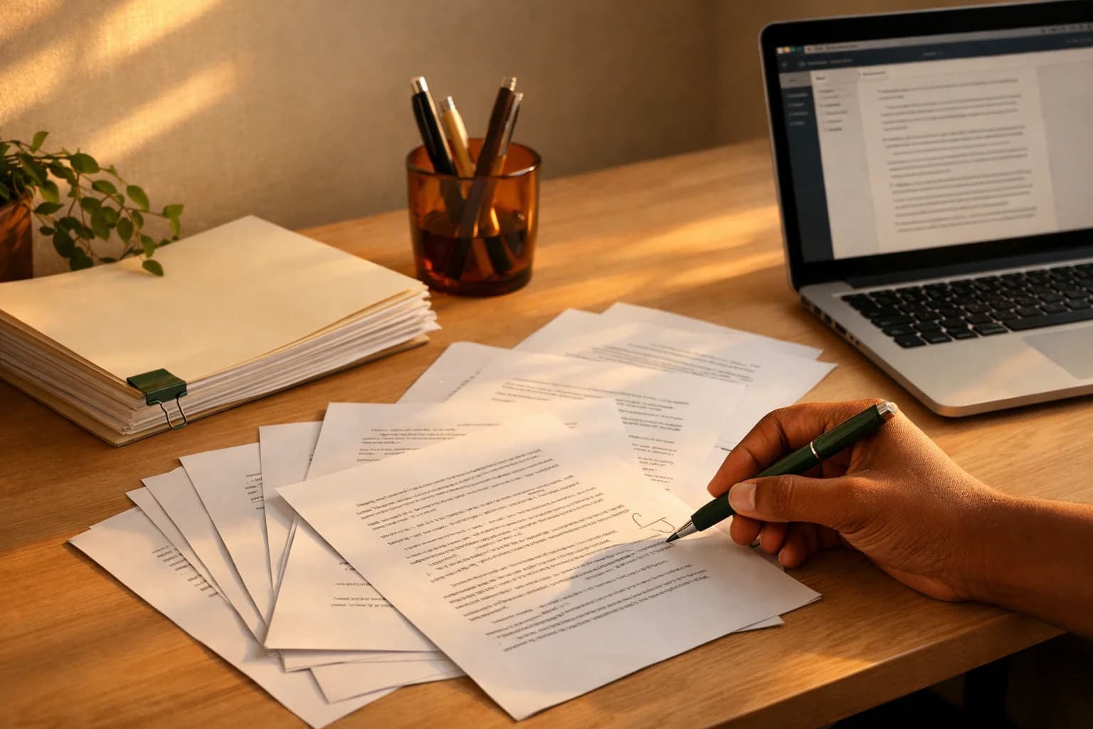 Refined editorial workspace with printed chapter material and handwritten markup.